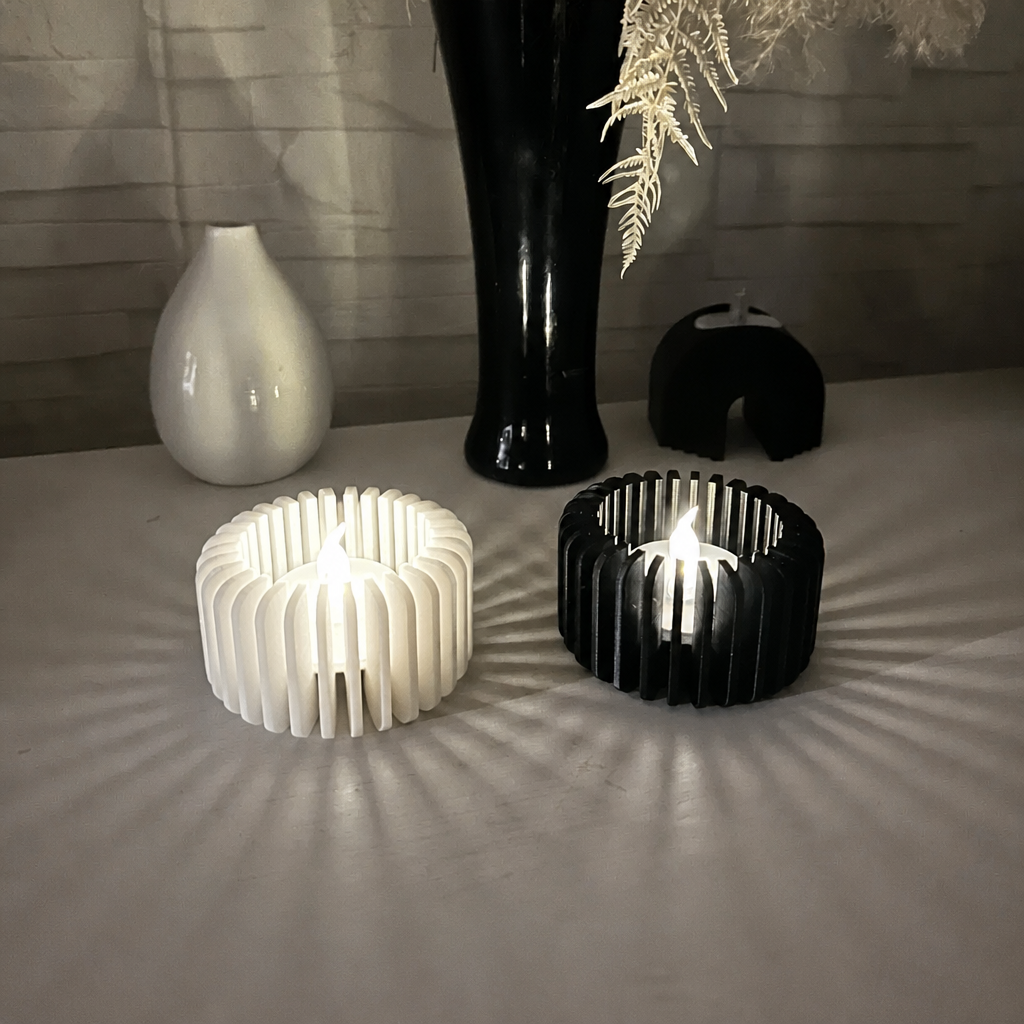 Modern Çizgili Mumluk – 3D Baskı Tealight Mumluk (1 Adet)-Beyaz