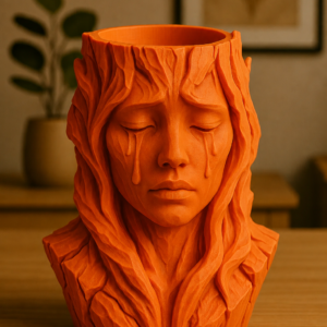 Ağlayan Kadın Büst Saksı – 3D Baskı Sanatsal Dekoratif Saksı - Turuncu