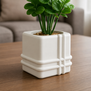 Square Planter – 3D Baskı Izgara Desenli Küp Saksı-Beyaz