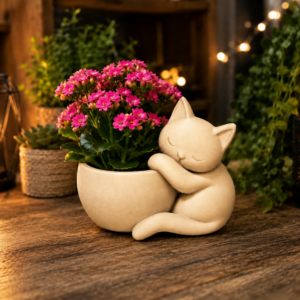 Sarılan Kedi Saksı – 3D Baskı Sevimli Dekoratif Saksı - Bej
