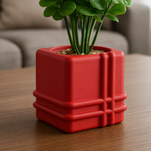 Square Planter – 3D Baskı Izgara Desenli Küp Saksı-Kırmızı
