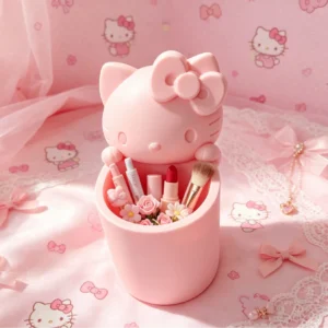 Fiyonklu Sevimli Kedi Figürlü Kalemlik – 3D Baskı Masaüstü Organizer - Pembe