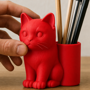Kedi Figürlü Kalemlik – 3D Baskı Masaüstü Organizer - Kırmızı