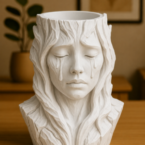 Ağlayan Kadın Büst Saksı – 3D Baskı Sanatsal Dekoratif Saksı - Beyaz