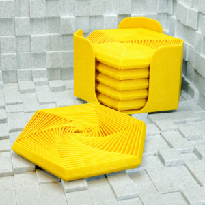 Super Fidget Coaster Seti – 3D Baskı Altıgen Desenli Bardak Altlığı ve Tutucu-Sarı