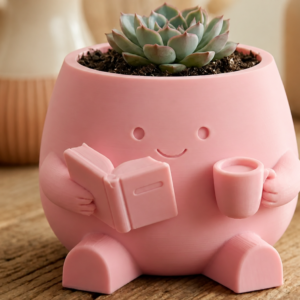 Kitap Okuyan Saksı – 3D Baskı Kupa Tutan Sevimli Saksı-Pembe
