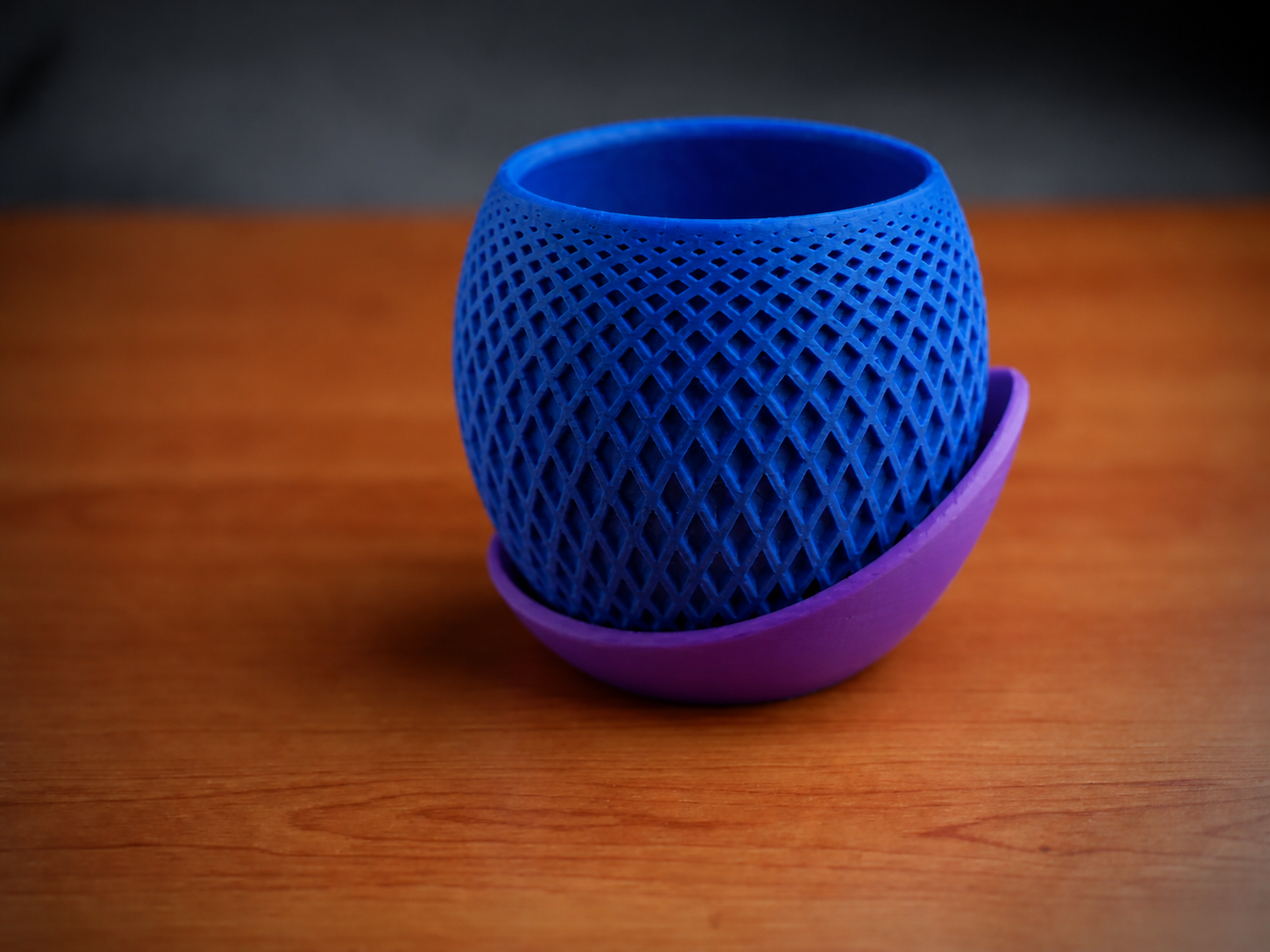 Küre Saksı – 3D Baskı Kafes Dokulu İki Parçalı Dekoratif Saksı - Mavi-Mor
