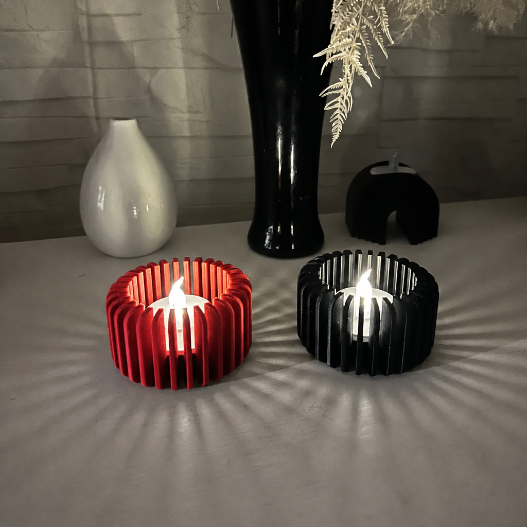 Modern Çizgili Mumluk – 3D Baskı Tealight Mumluk (1 Adet)-Kırmızı