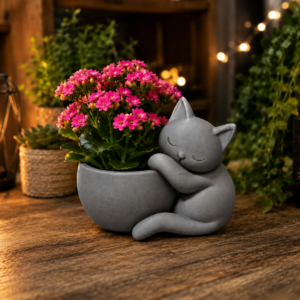 Sarılan Kedi Saksı – 3D Baskı Sevimli Dekoratif Saksı - Gri