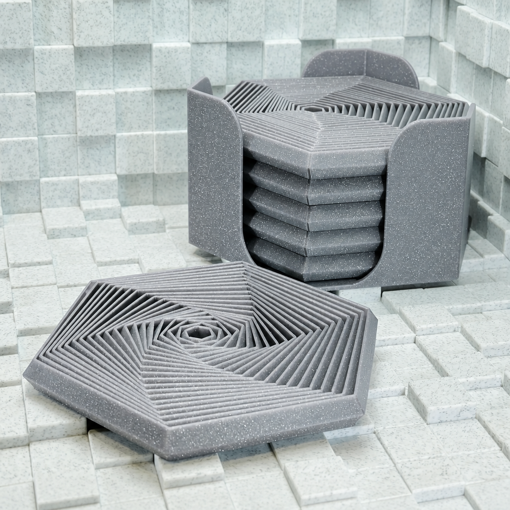 Super Fidget Coaster Seti – 3D Baskı Altıgen Desenli Bardak Altlığı ve Tutucu-Gri