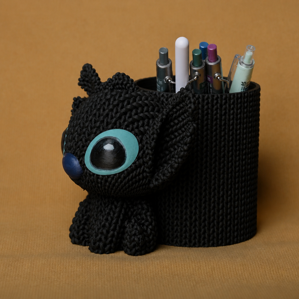Knitted Kalemlik – 3D Baskı Sevimli Karakterli Masaüstü Kalem Organizeri-Siyah - Görsel 3