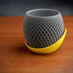 Küre Saksı – 3D Baskı Kafes Dokulu İki Parçalı Dekoratif Saksı - Gri-Sarı