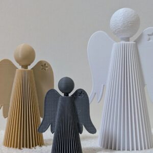 3'lü Dekoratif Melek Figürü Seti Pilili Etekli Yıldız Kanatlı Üç Boy Raf ve Şömine Süsü – 3D Baskı