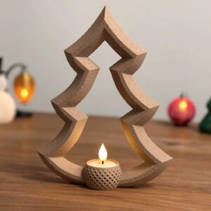 Yılbaşı Ağacı Tealight Mumluk 18 cm Dekoratif Çam Ağacı Şamdan Yeni Yıl Masa Süsü – 3D Baskı