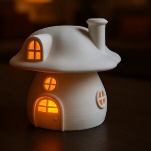 Mantar Ev Tealight Mumluk Bacalı Pencereli Dekoratif Gece Lambası Çocuk Odası Süsü Beyaz – 3D Baskı