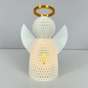 File Dokulu Melek Tealight Mumluk 14,5 cm Altın Haleli Dekoratif Fener Şamdan Masa Süsü – 3D Baskı