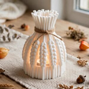 Buğday Demeti Tealight Mumluk Jüt İpli Dekoratif Sonbahar Hasat Feneri Şamdan Masa Süsü – 3D Baskı