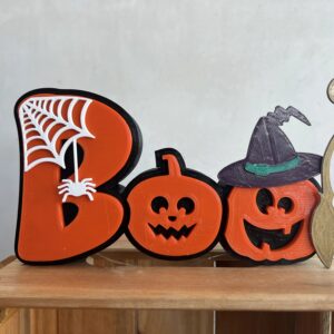 Boo Yazılı Halloween Masa Süsü Örümcek Ağı Balkabağı Detaylı Cadılar Bayramı Dekoru Turuncu Siyah – 3D Baskı