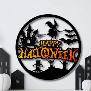 Happy Halloween Yuvarlak Duvar Panosu Cadı Şato Yarasa Silüetli Kapı Süsü Duvar Dekoru Siyah – 3D Baskı