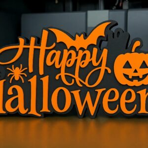 Happy Halloween El Yazısı Masa Süsü Katmanlı Yarasa Balkabağı Örümcek Dekor Turuncu Siyah – 3D Baskı