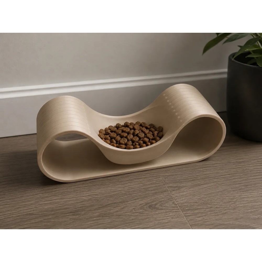 Dalgalı Formlu Mama Kabı Kedi ve Köpek Yemek Kabı Modern Eğimli Mama Kabı - Bej
